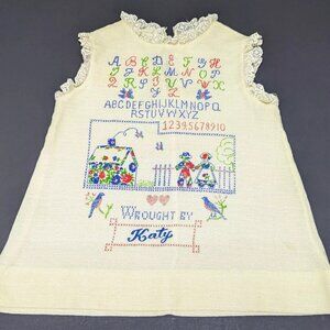 Vintage Fun Frills Doris Brosk Baby Girl Dress Sampler KATY Folk Alphabet Smock